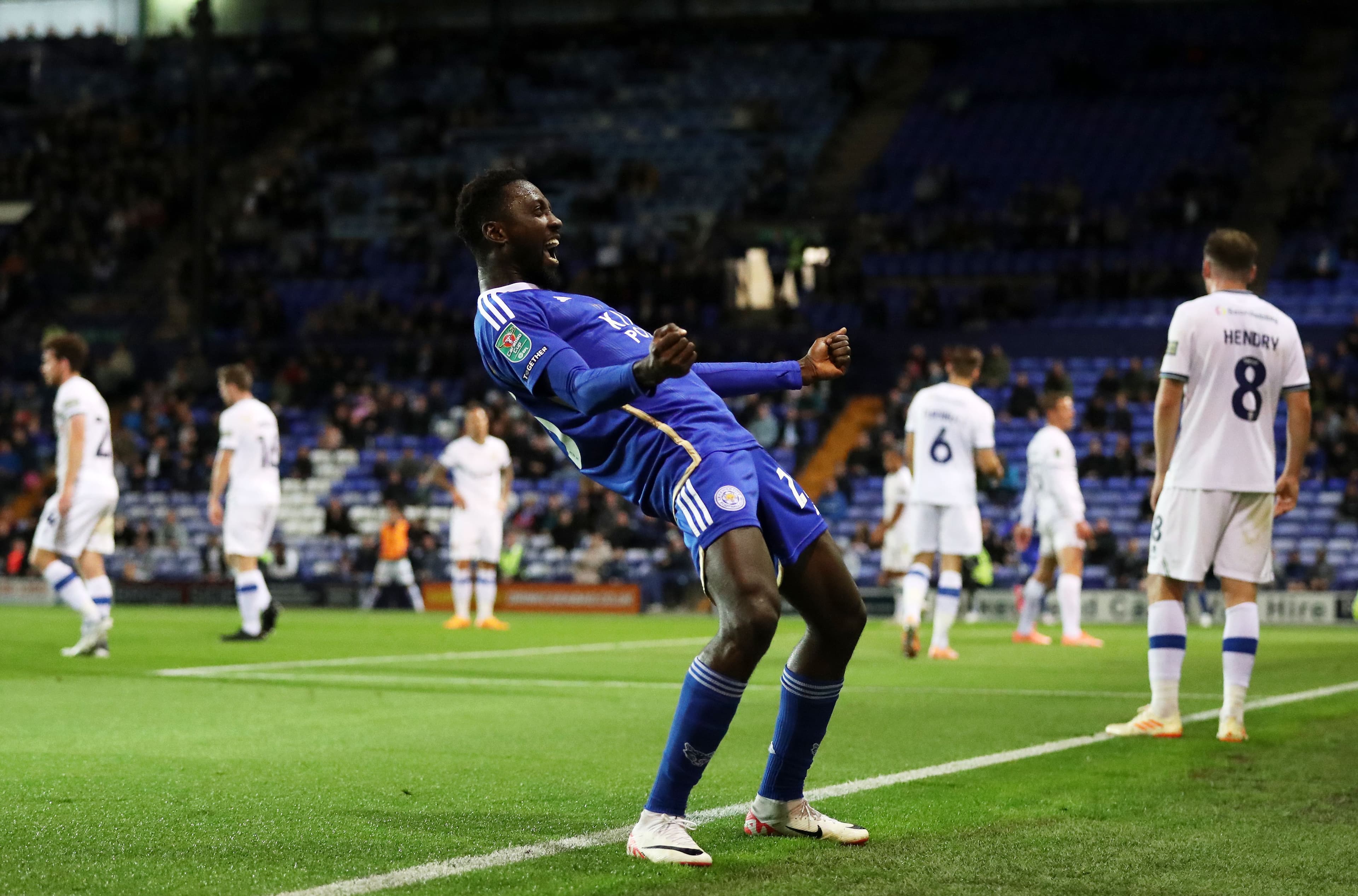 Wilfred Ndidi of Leicester City celebrates after the team's second goal scored by teammate Jamie Vardy 