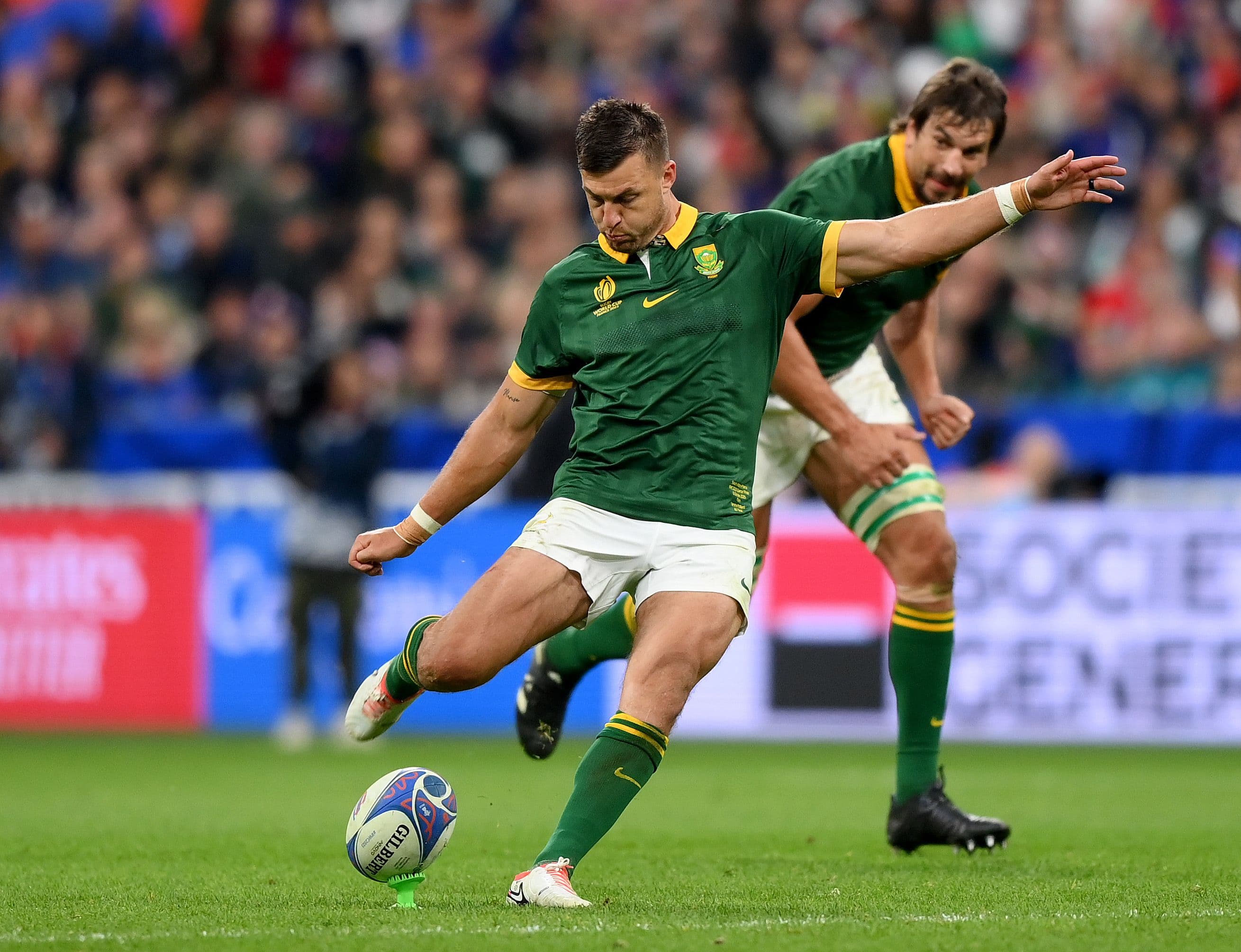 Handre Pollard of South Africa kicks their side's fourth conversion 