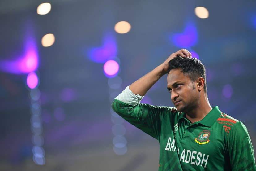 Shakib Al Hasan of Bangladesh looks on following the ICC Men's Cricket World Cup 