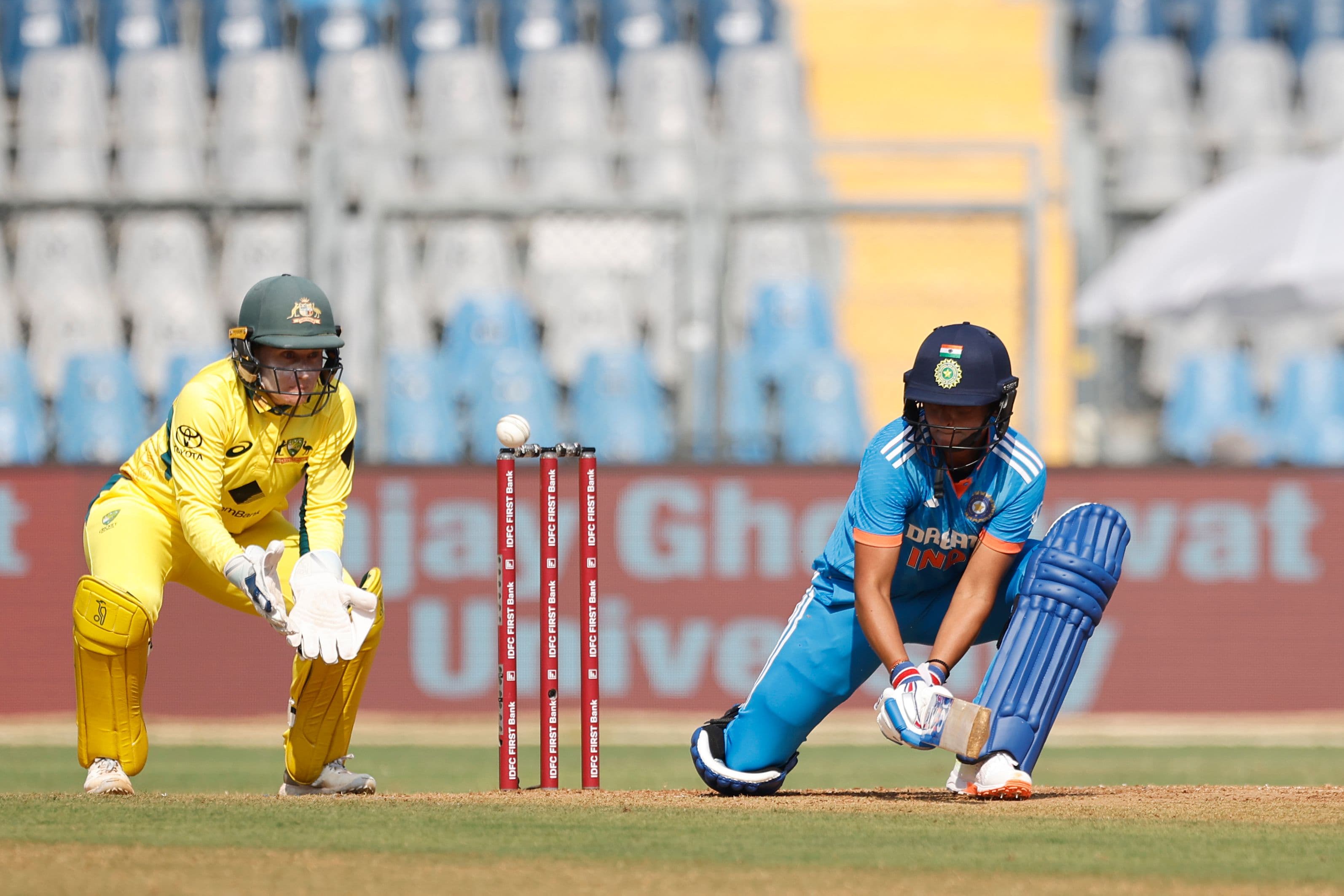 Harmanpreet Kaur (C) of India plays a shot during women's One Day International Match 