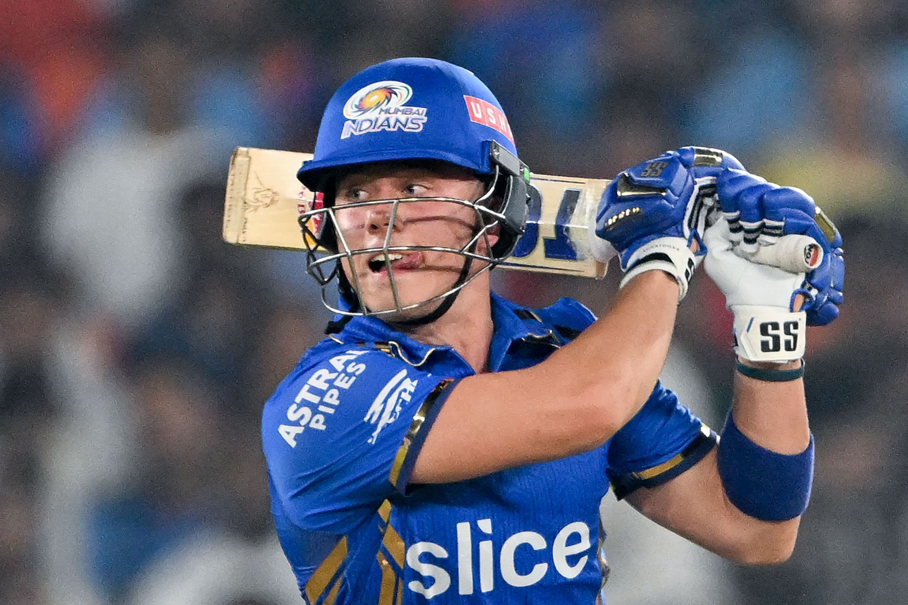 Mumbai Indians' Dewald Brevis plays a shot during the Indian Premier League (