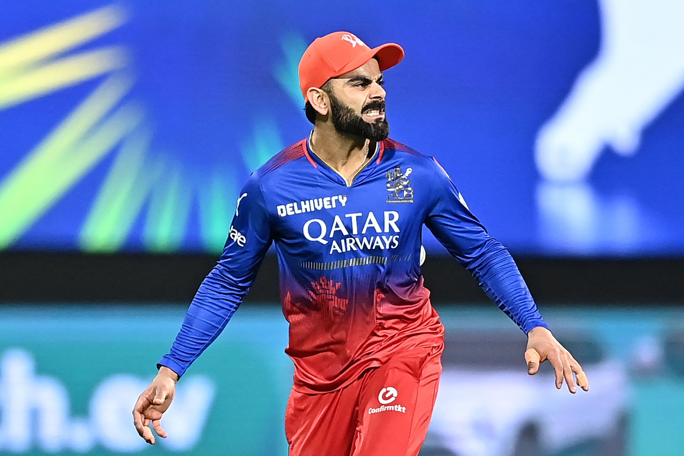 Royal Challengers Bengaluru's Virat Kohli reacts as he fields the ball during the Indian Premier League 