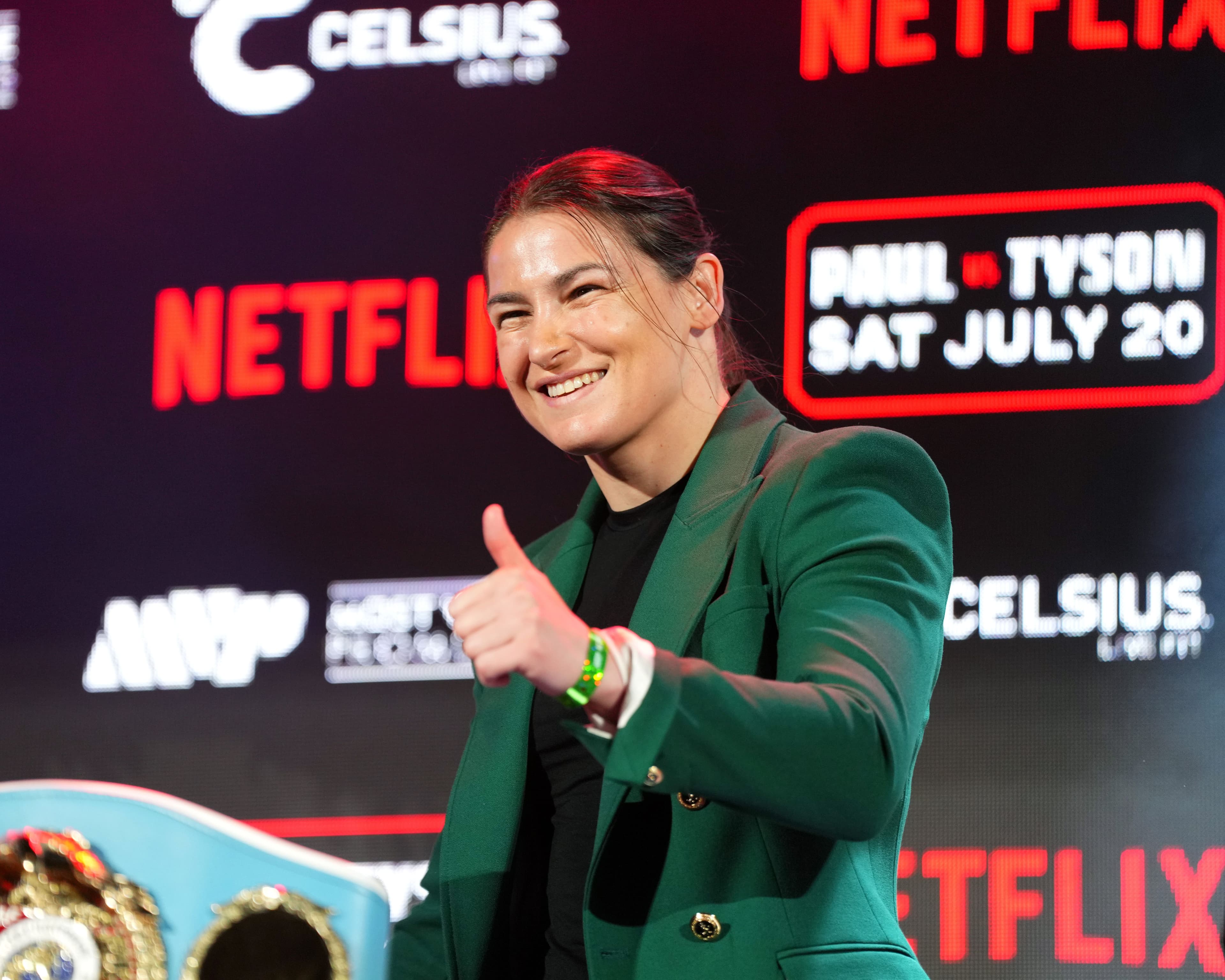 Katie Taylor speaks onstage during the Jake Paul vs. Mike Tyson