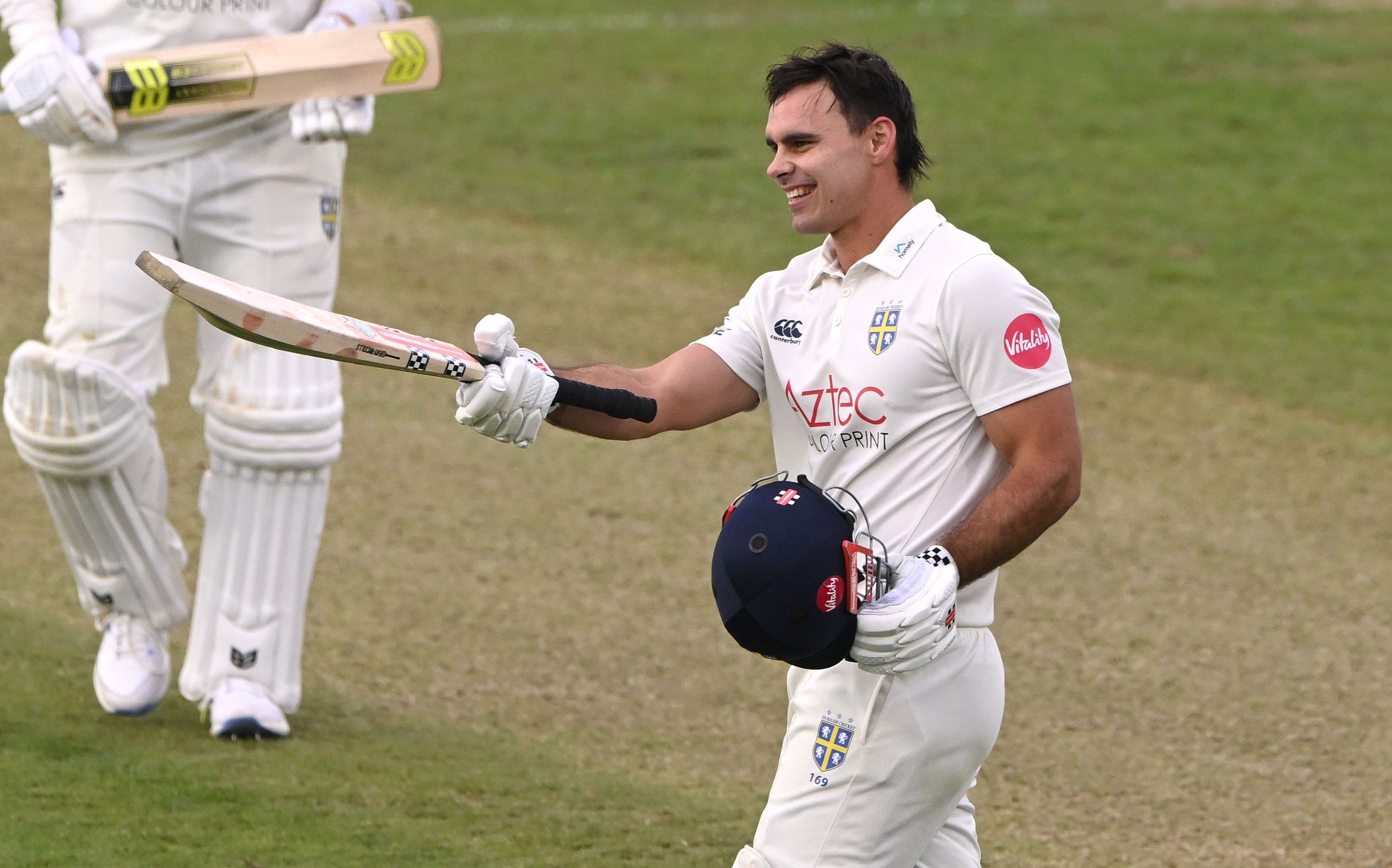 Durham batsman David Bedingham celebrates his century during day one of the Vitality County Championship 