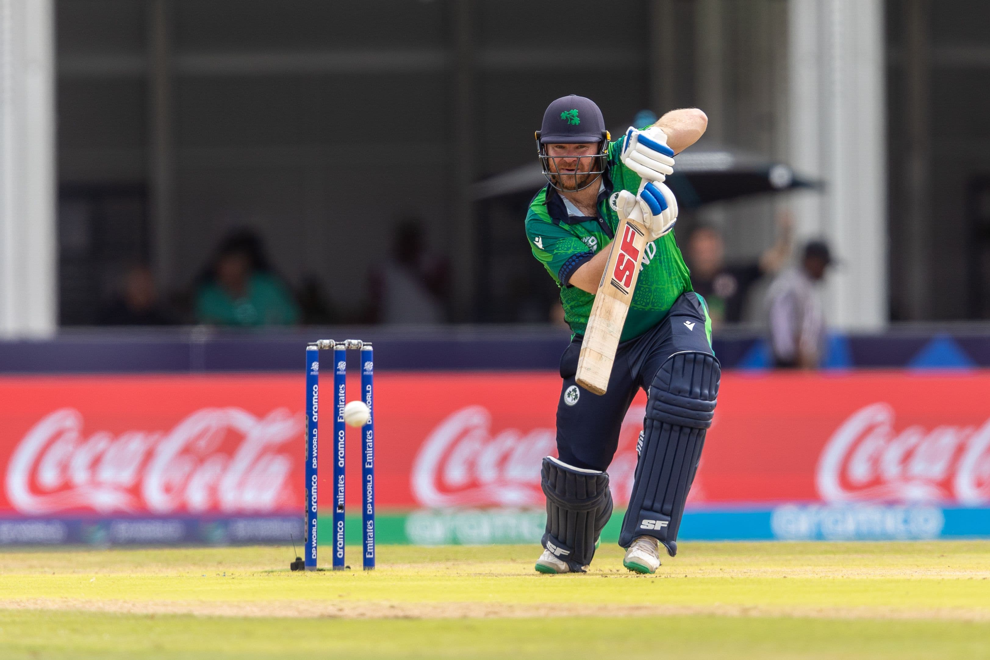 Paul Stirling of Ireland defends his wicket during the ICC Men´s T20 Cricket World Cup 