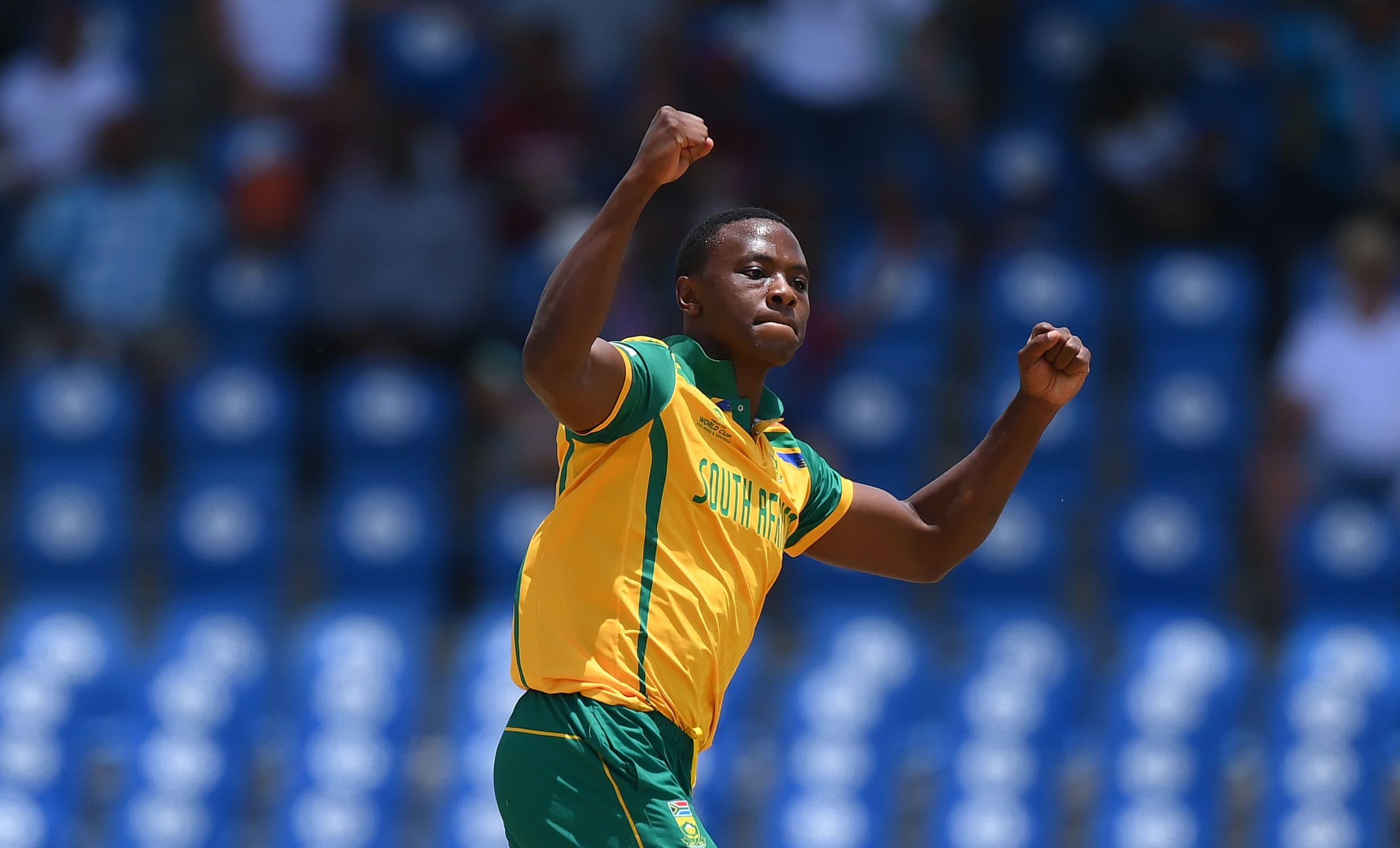 Kagiso Rabada of South Africa celebrates the wicket of Phil Salt of England 