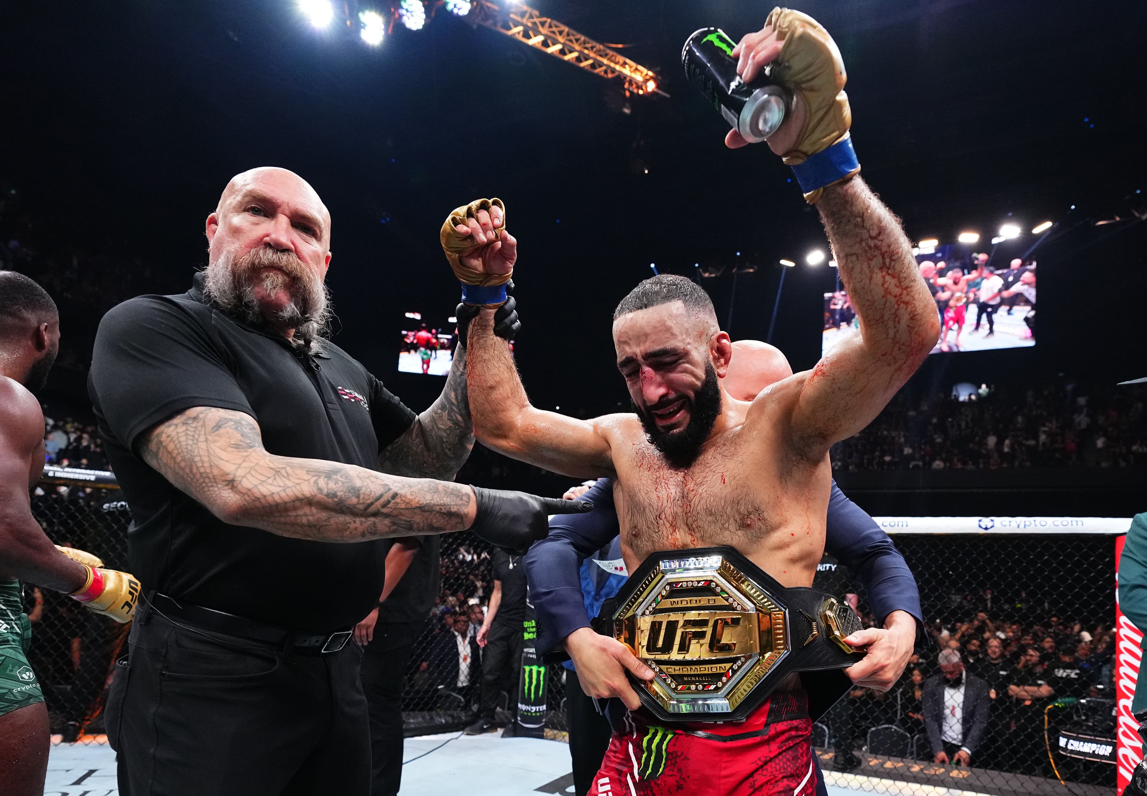 Belal Muhammad reacts after his victory against Leon Edwards 