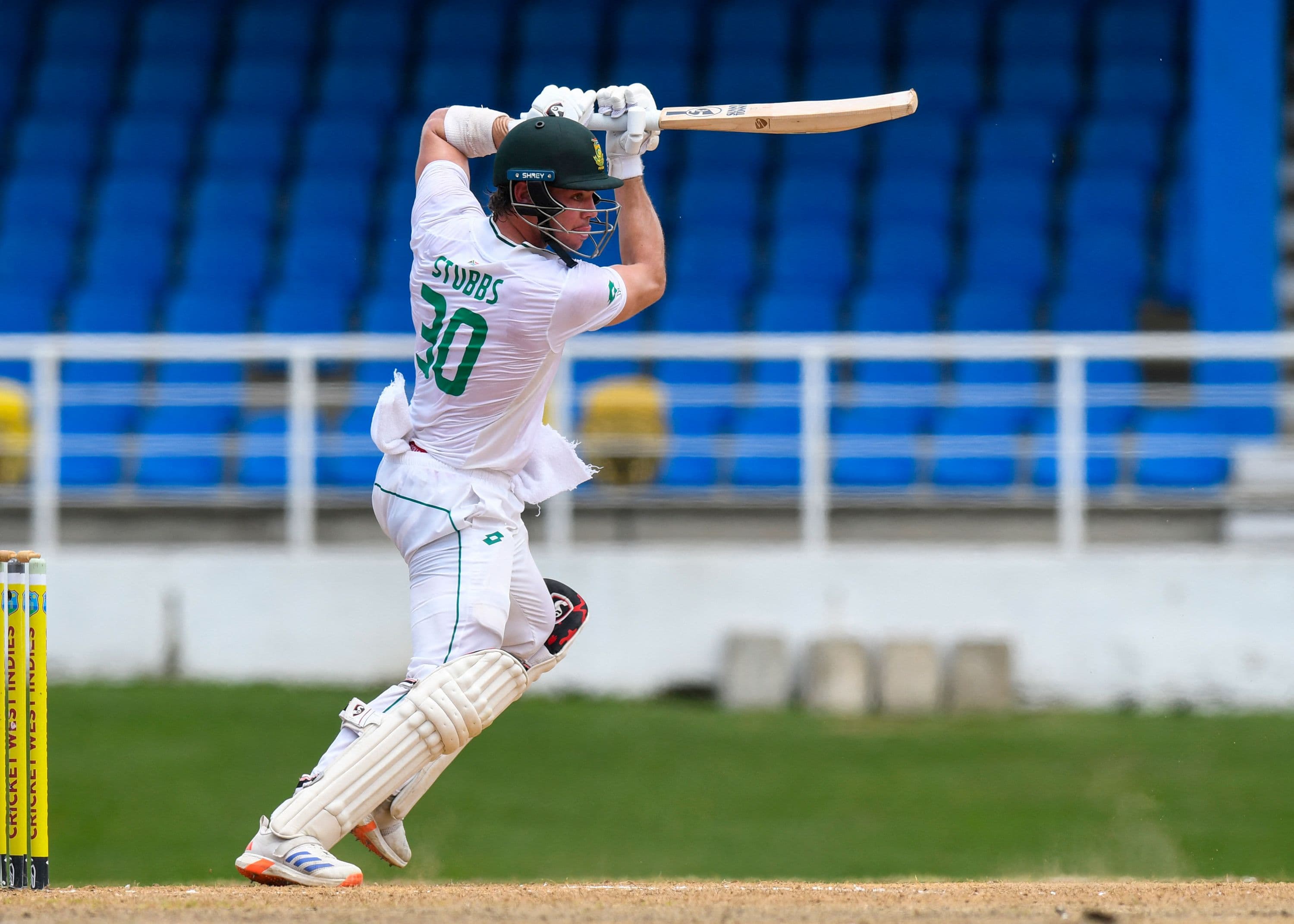 Tristan Stubbs of South Africa hits 4 during the 5th and final day of the 1st Test cricket match