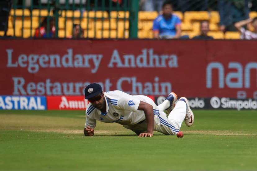 Ravichandran Ashwin of India fields during day five of the First Test 