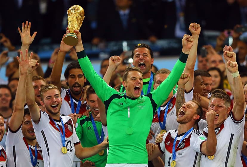 Manuel Neuer of Germany celebrates with World Cup trophy 