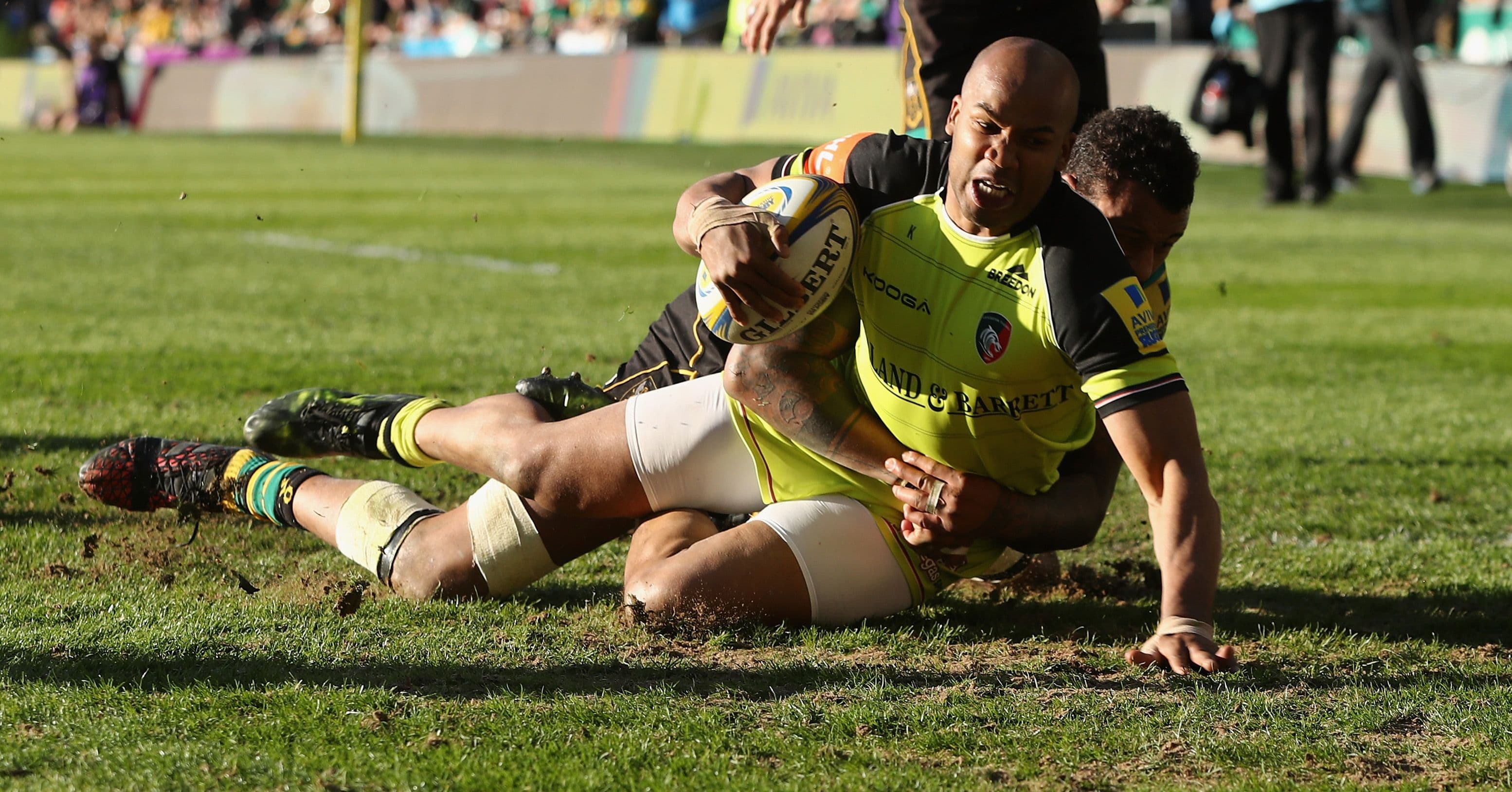 JP Pietersen of Leicester is tackled by Courtney Lawes