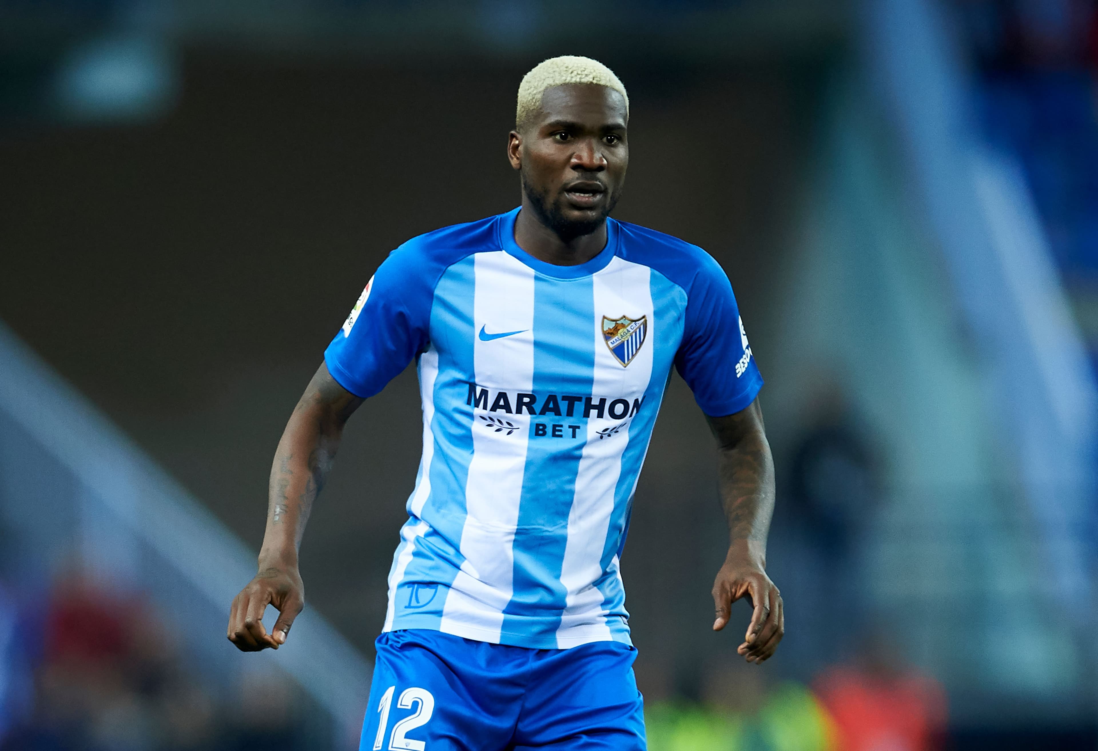 Brown Aide Ideye of Malaga CF reacts during the La Liga match 