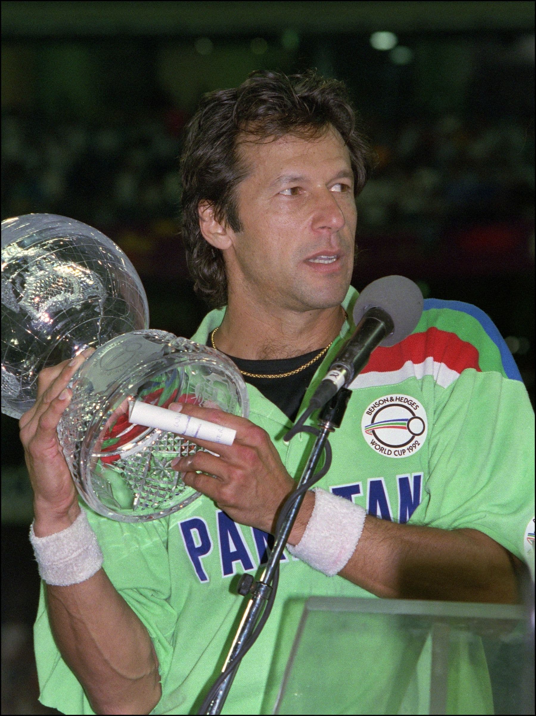 Pakistan's captain Imran Khan holds the 1992 World Cup Trophy//Getty Images