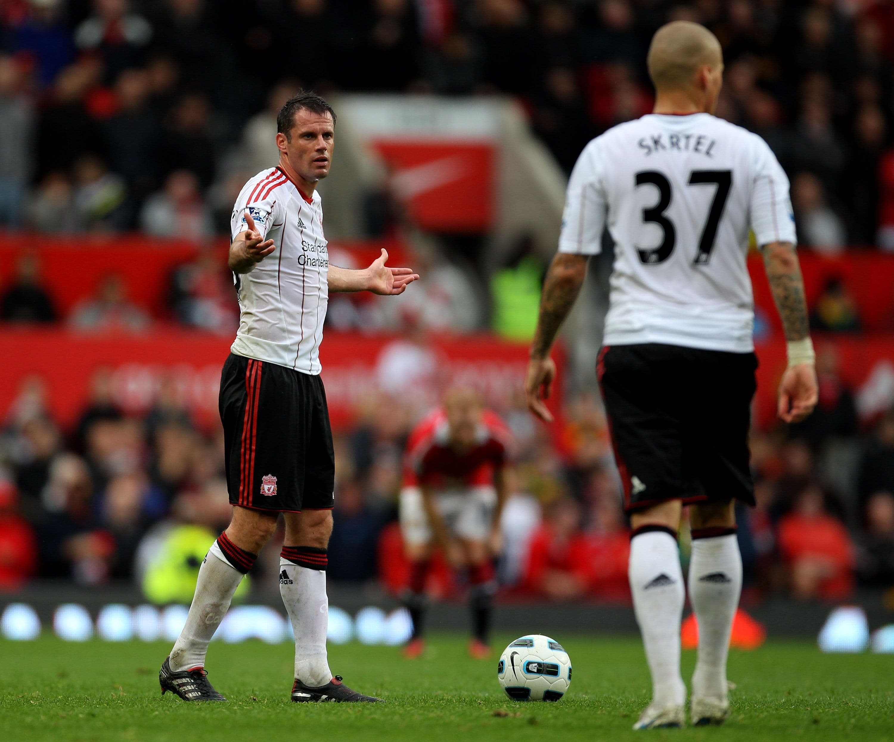 Jamie Carragher of Liverpool gestures