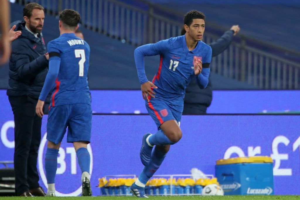 England footballer Jude Bellingham debuts for his home country in an international friendly match as he is subbed on for Mason Mount