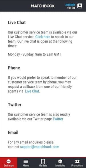 Matchbook Customer Service Live chat