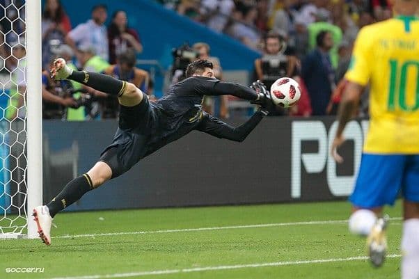 Thibaut Courtois with a diving save for Belgium against Brazil 