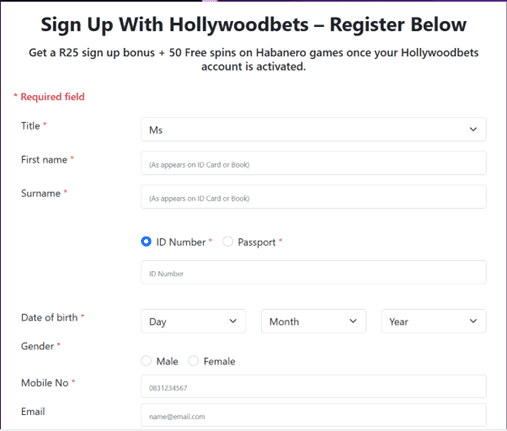 Registration Step for Hollywoodbets