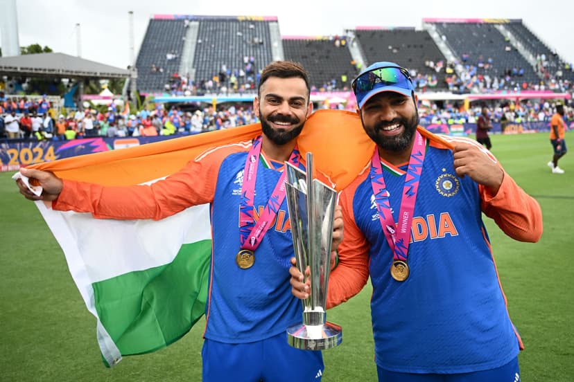 Virat Kohli and Rohit Sharma Celebrating with T20 World Cup Trophy