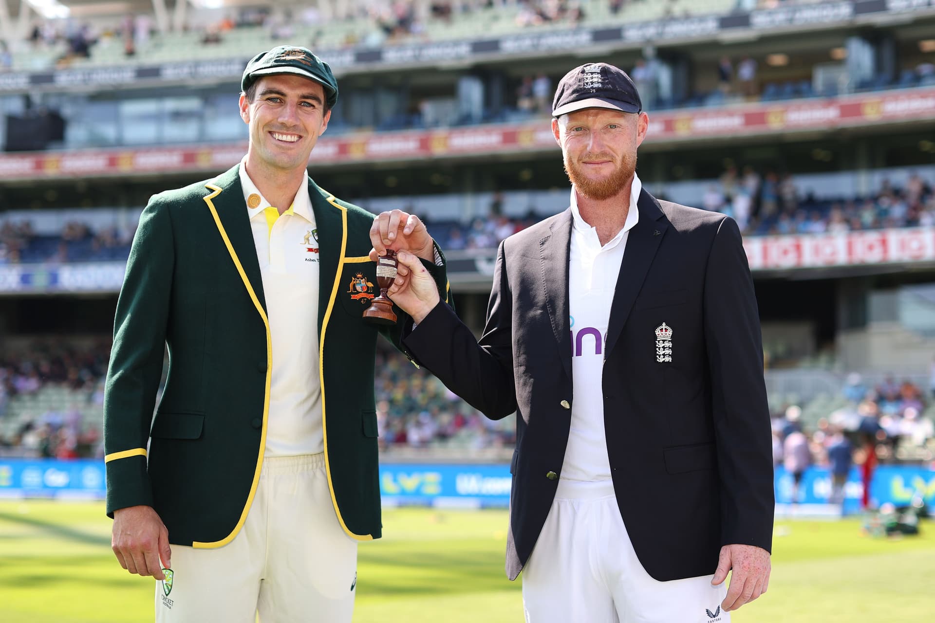 Ben Stokes and Pat Cummins with the Ashes 2023