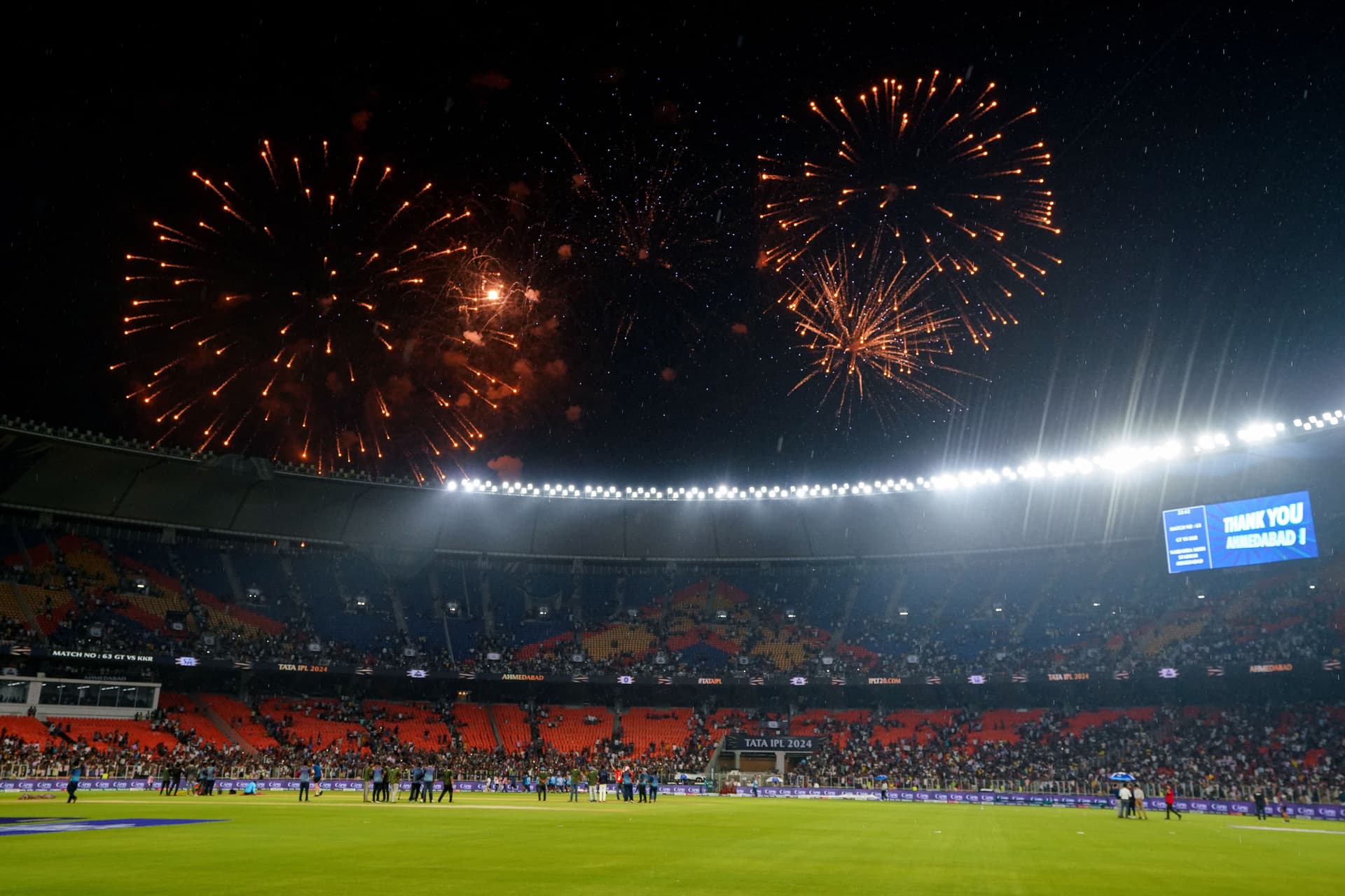 Fireworks explode over the Narendra Modi Stadium