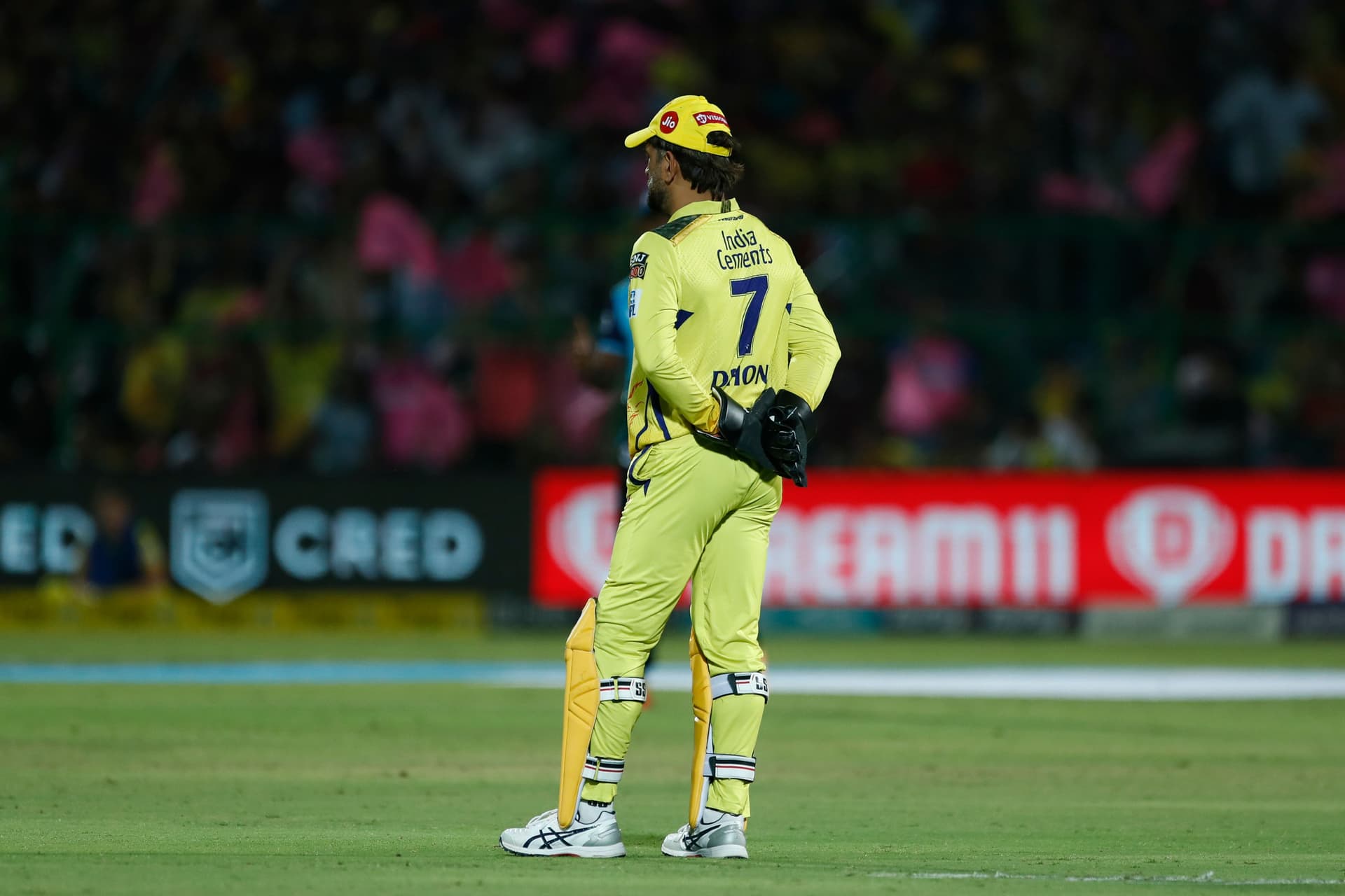 MS Dhoni of Chennai Super Kings are seen during the IPL match between Rajasthan Royals and Chennai Super Kings