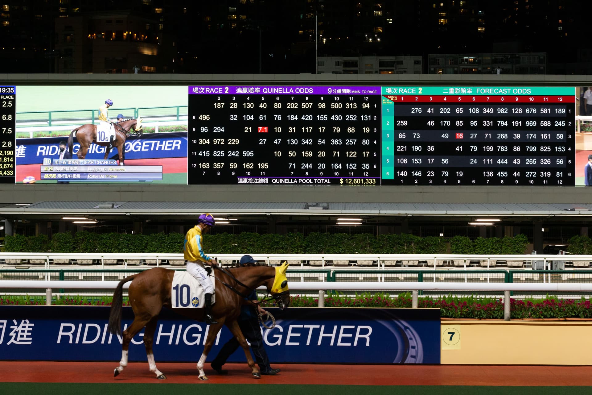 The tote board with the Quinella and Forecast odds