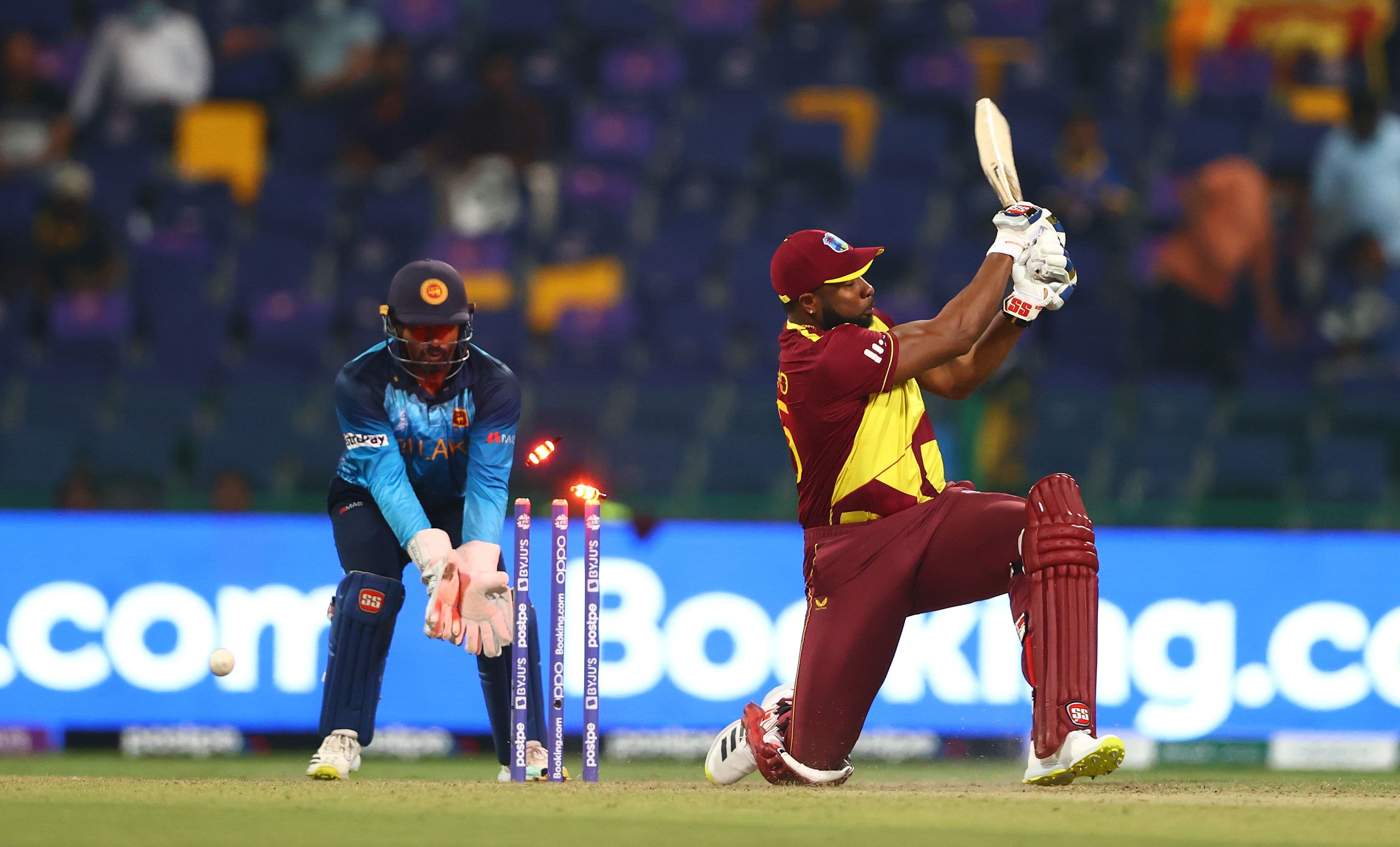 Kieron Pollard of West Indies is bowled by Wanindu Hasaranga