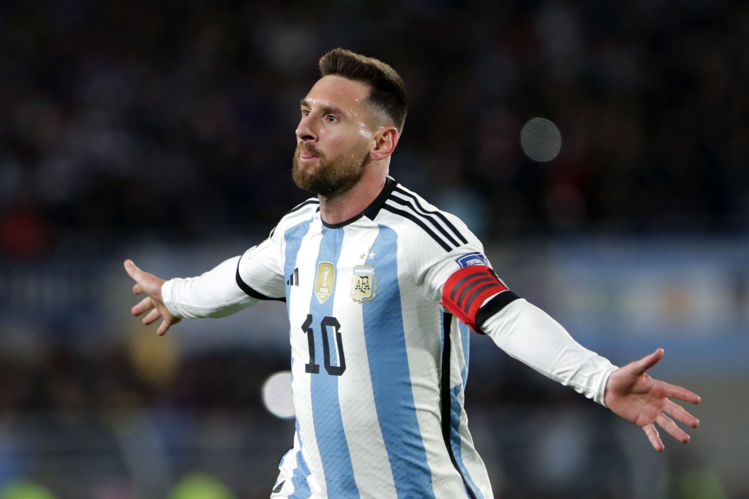 Lionel Messi of Argentina celebrates after scoring the team's first goal during the FIFA World Cup 2026 Qualifier