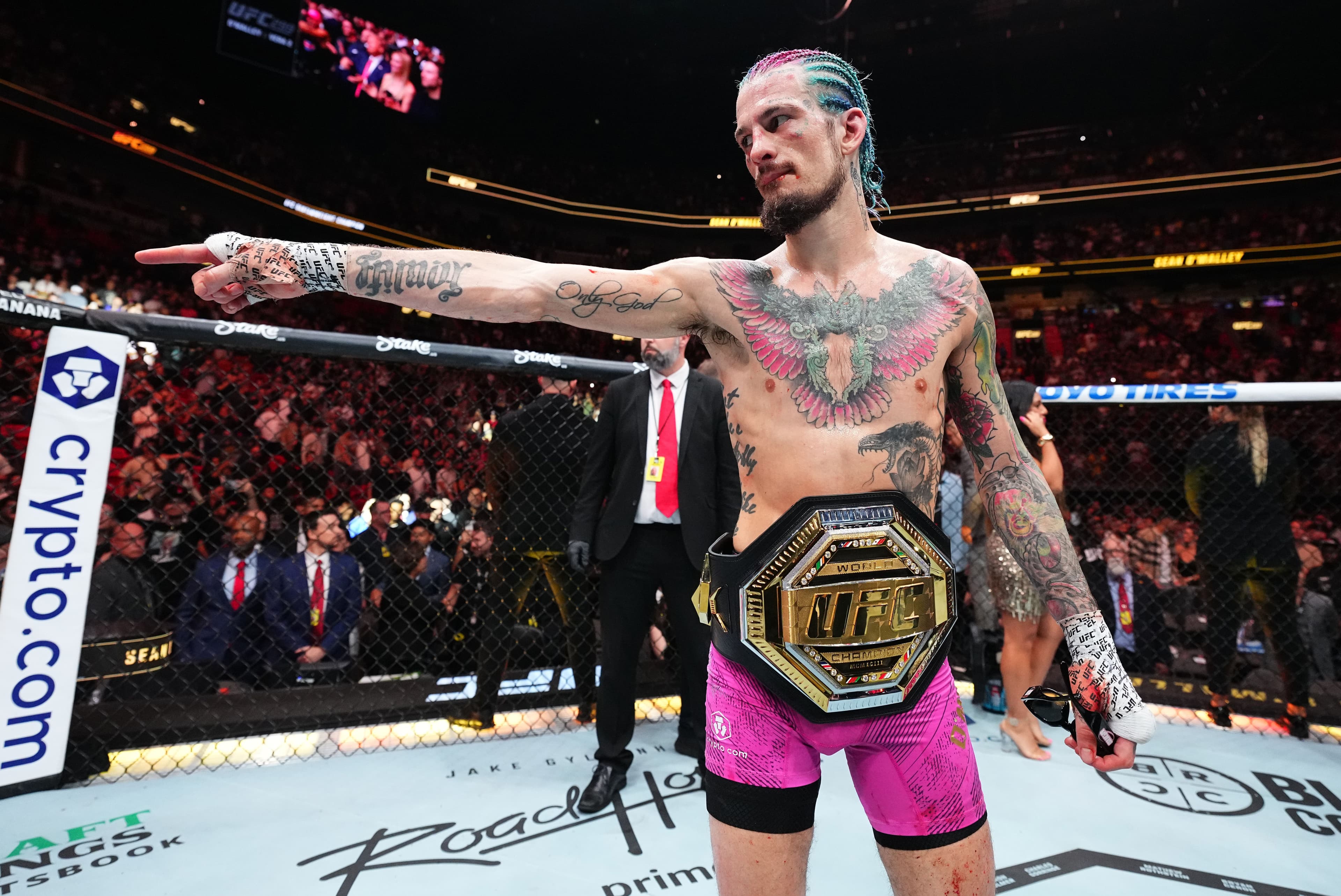Sean O'Malley reacts after his victory against Marlon Vera