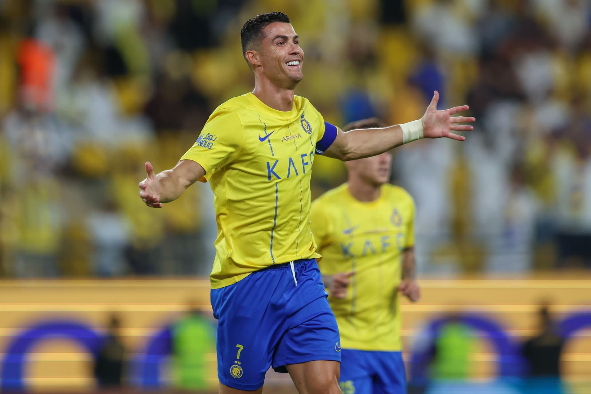 Cristiano Ronaldo of Al Nassr celebrates after scoring the 2nd goal during the Saudi Pro League match between Al-Nassr and Al Wehda
