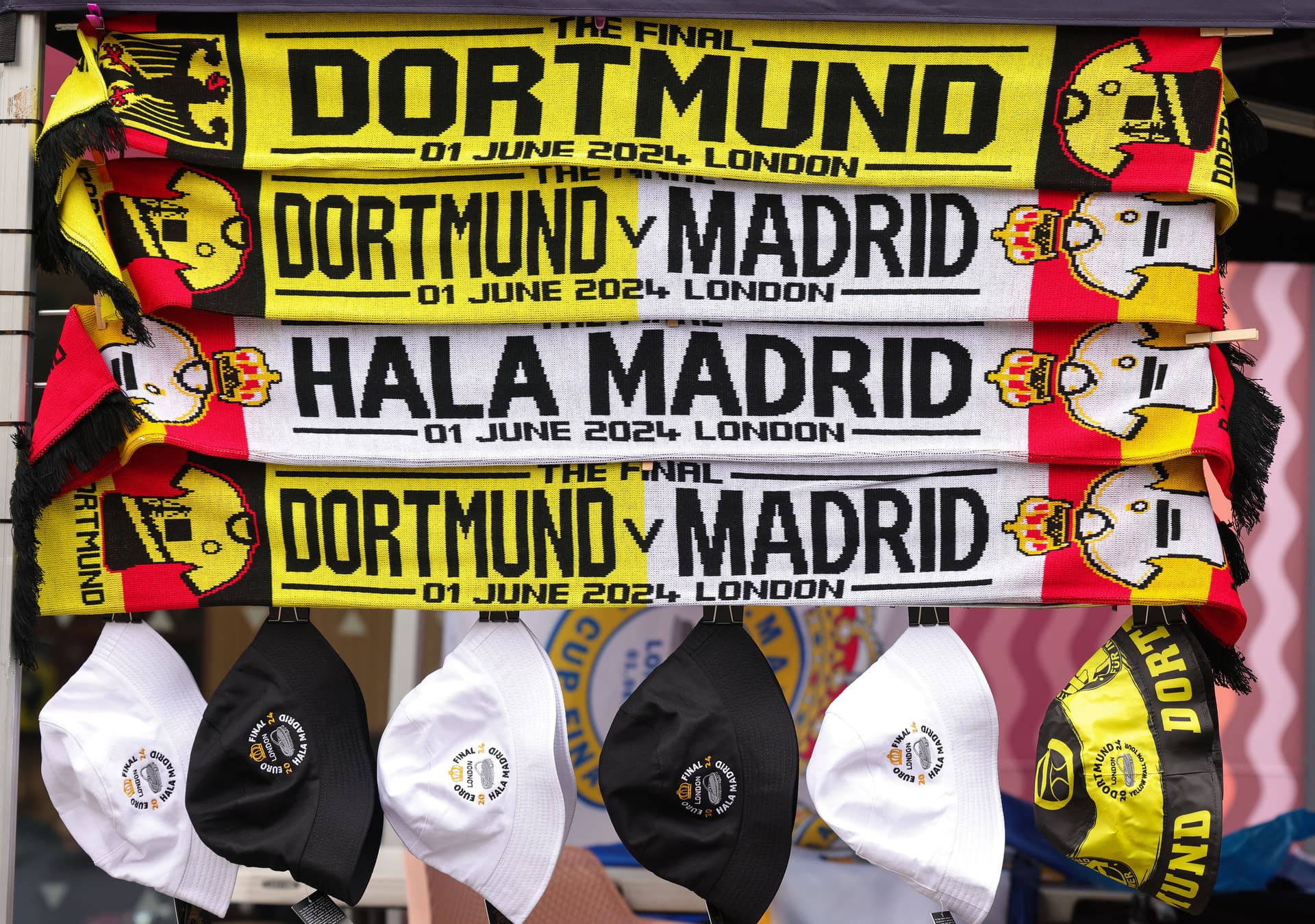Sales stand for fan scarves ahead of the UEFA Champions League