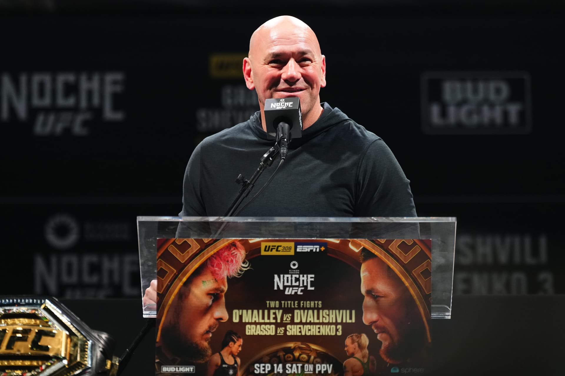 Dana White is seen on stage during the UFC 306