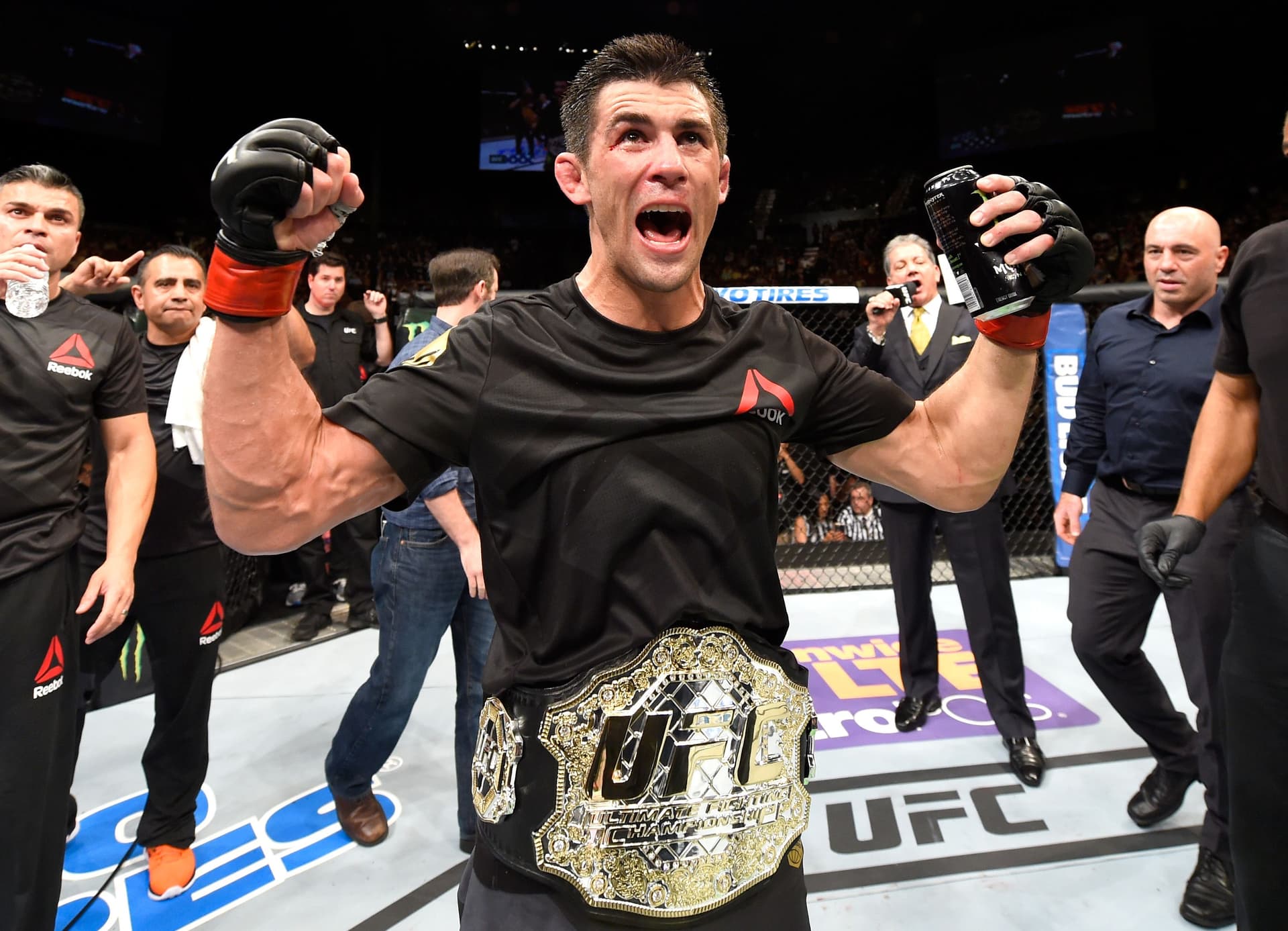 Dominick Cruz celebrates after defeating Urijah Faber