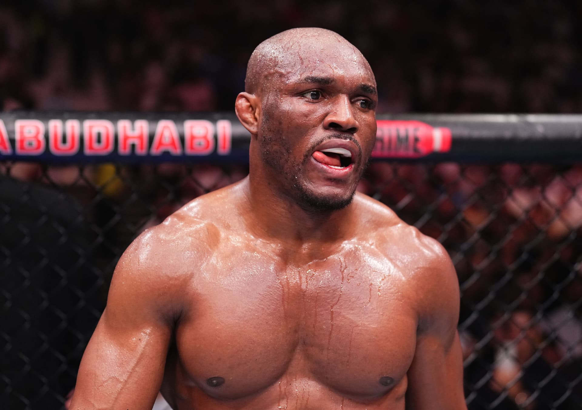 Kamaru Usman of Nigeria reacts after a decision loss against Khamzat Chimaev