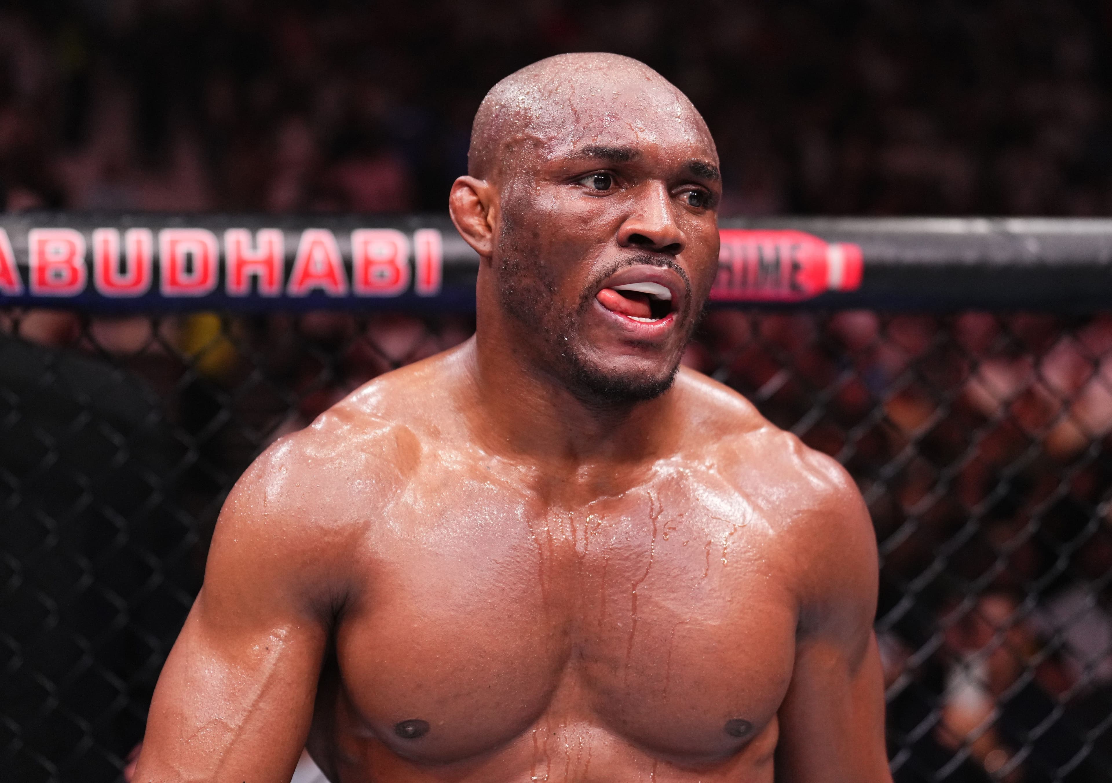 Kamaru Usman of Nigeria reacts after a decision loss against Khamzat Chimaev