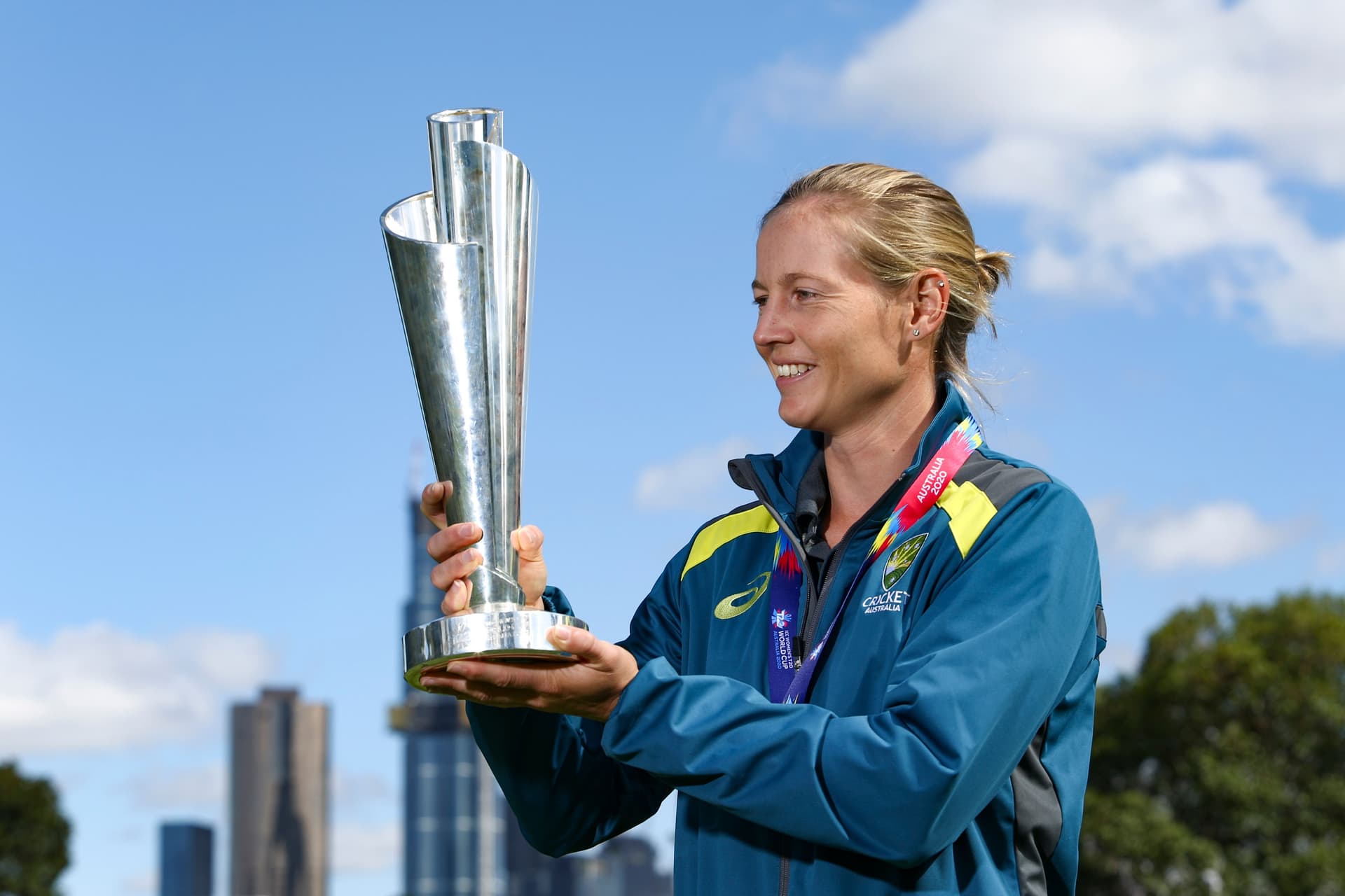 Meg Lanning with ICC Women's T20 World Cup trophy