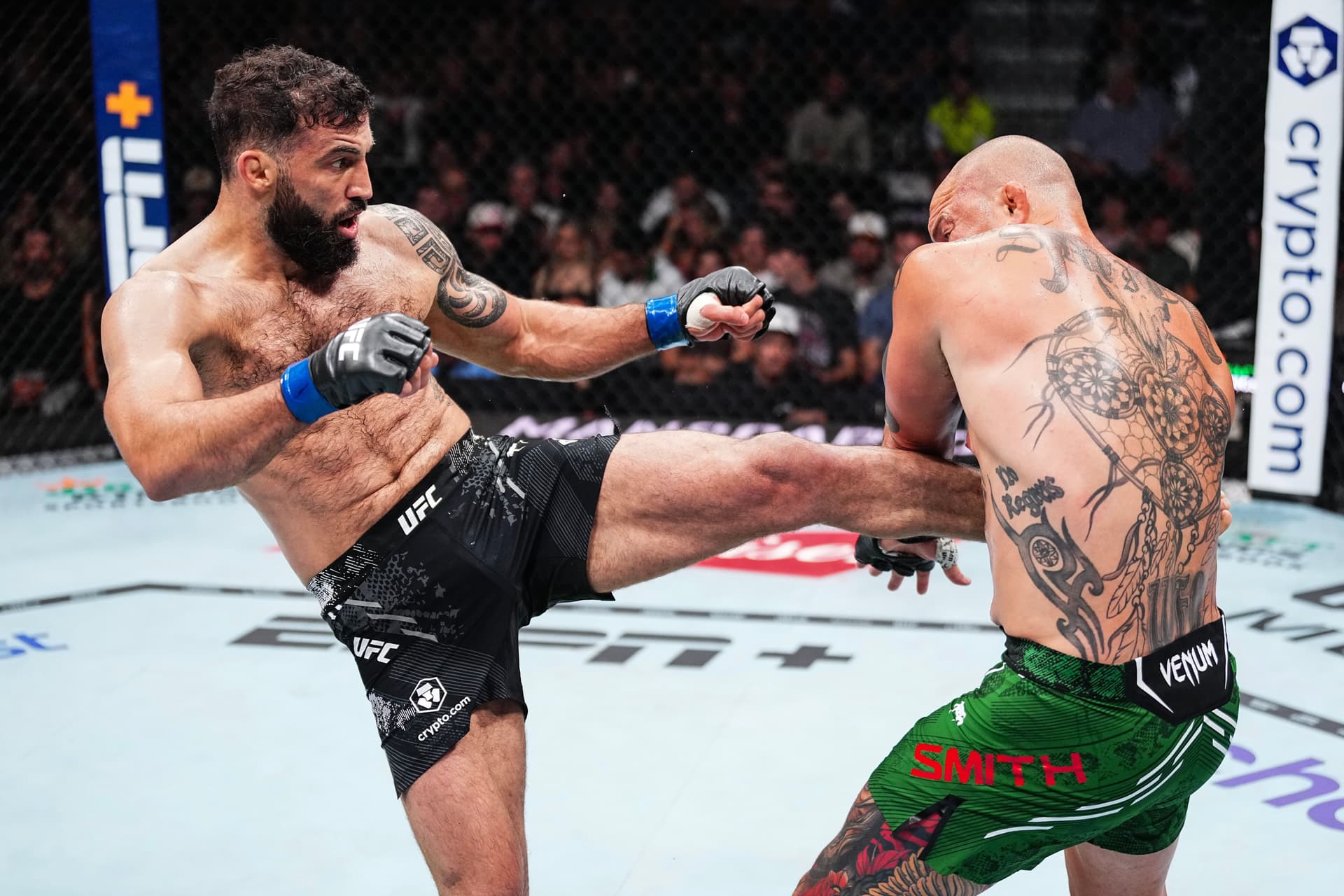 Roman Dolidze of Georgia kicks Anthony Smith