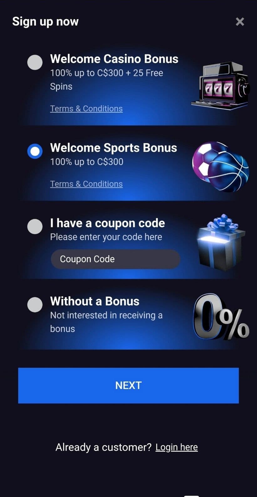 Select the welcome bonus